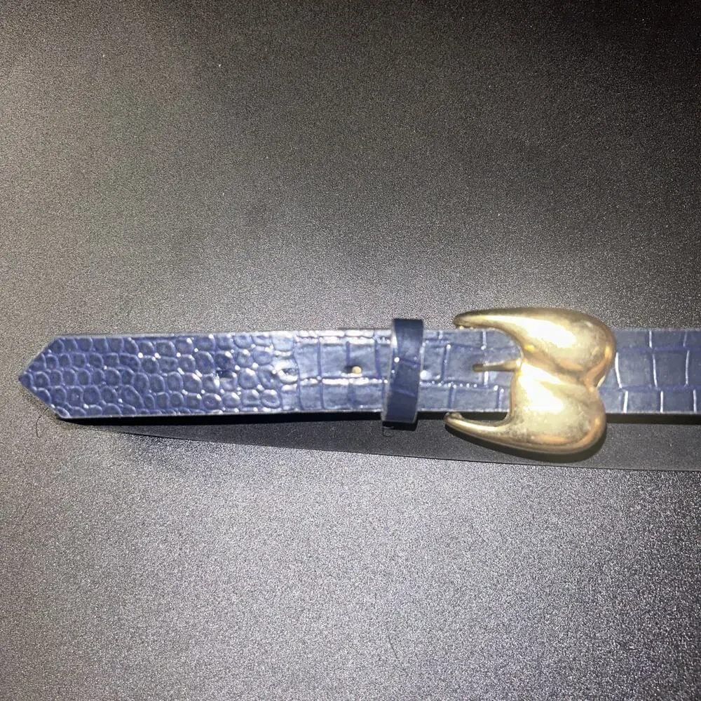 Navy Blue Faux Leather Textured Gold-Tone Hardware Belt Women's 30